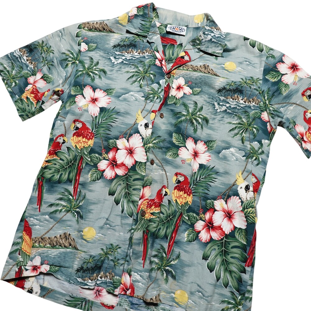 Vintage Pacific Legend Shirt Mens L Blue Parrot Hawaiian Short Sleeve Button Up